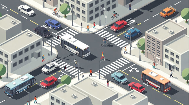 City street with various vehicles moving.