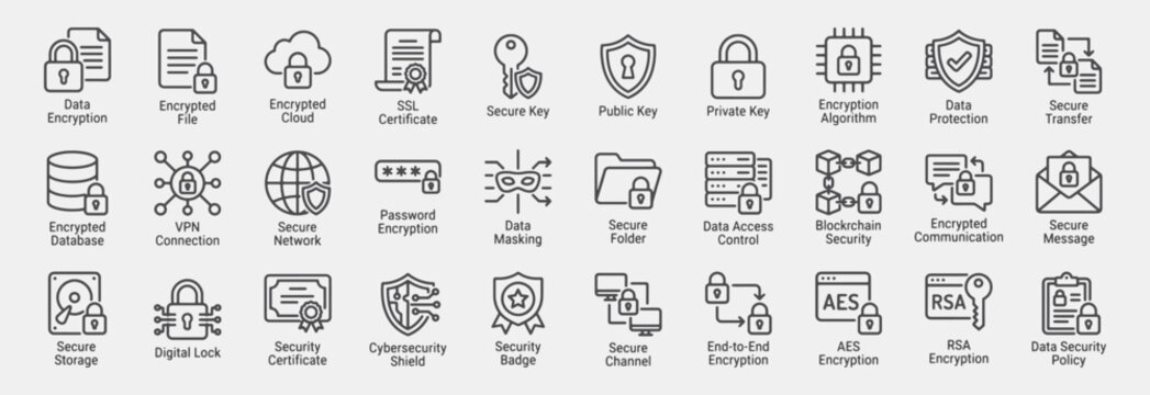 Cybersecurity and Data Encryption Icons Set: Including Data Encryption, Encrypted File, Encrypted Cloud, SSL Certificate, Secure Key, Public Key, Private Key, Encryption Algorithm, Data Lock, etc.