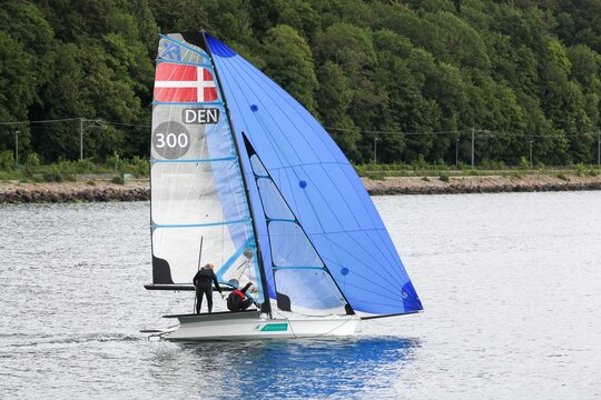 Aarhus, Denmark - July 4, 2022: Women Danish 49er FX sailing ship during the sailing European championship 2022 in Aarhus, Denmark