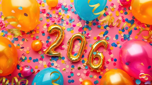 A vibrant celebration: balloons, confetti, and the shimmering numerals 206, capture a moment of joyous festivities.