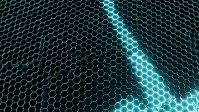 Glowing blue light traverses across a dark honeycomb pattern background