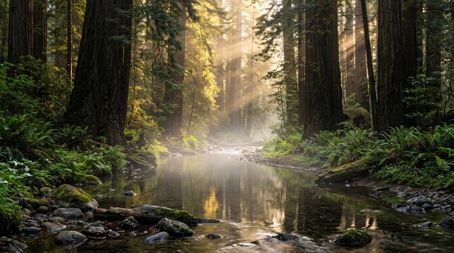 Serene forest stream flows and reflects towering ancient redwood trees as a soft magical morning mist hovers over the peaceful calm water.