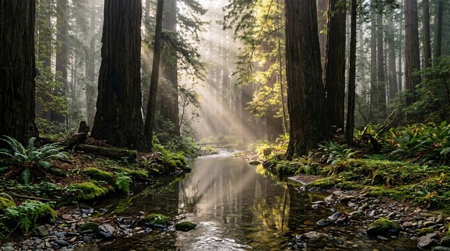 Serene forest stream flows and reflects towering ancient redwood trees as a soft magical morning mist hovers over the peaceful calm water.