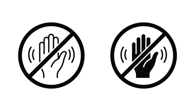 Stop gesture icon with hand inside prohibited circle in outline and solid black style for warning and restriction signage