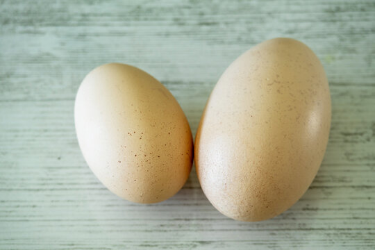 Two fresh light brown eggs on a light wooden surface.