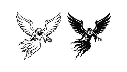 Obraz premium Grim reaper flying with wings vector illustration in outline and solid black style for gothic art