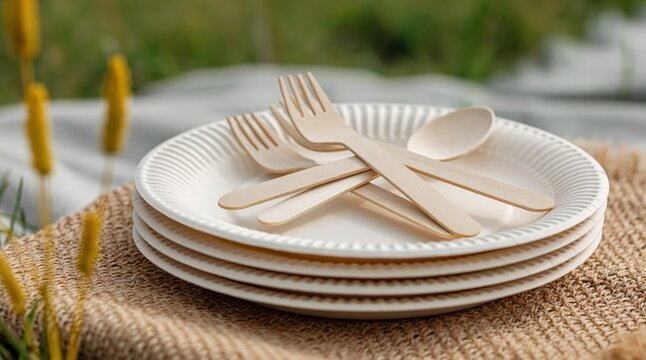 Stack of compostable wooden plates with wooden forks and spoons arranged on burlap cloth, set for outdoor picnic or event. High quality photo