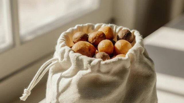 Reusable fabric bag filled with nuts on a sunny windowsill. Zero waste lifestyle and plastic-free packaging concept. Sustainable food storage