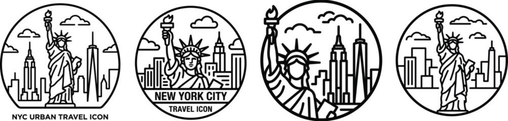 New York City Landmarks Line Art Icons Set with Statue of Liberty and Skyline on White Background © najmulhusan120