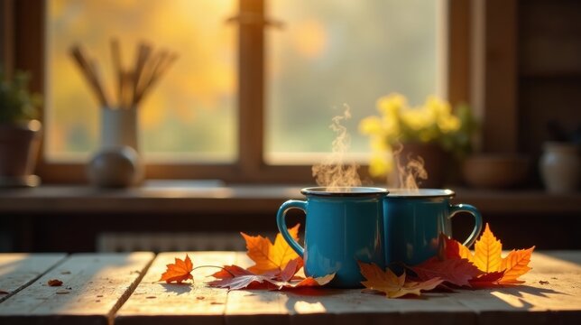 Warm Autumnal Beverage Enjoyment with Enchanting Maple Leaves on Rustic Wooden Table