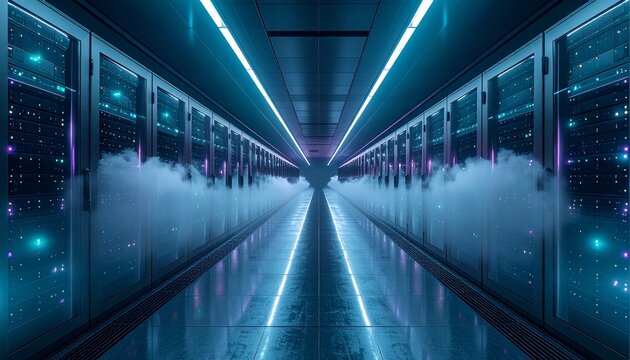 Futuristic AI Data Center Corridor with Cloud Computing Server Infrastructure