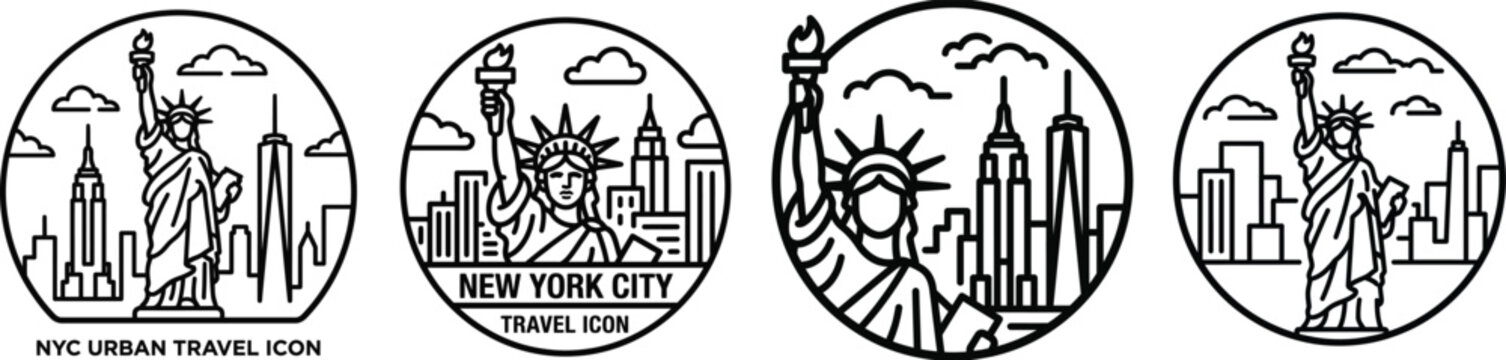 New York City Landmarks Line Art Icons Set with Statue of Liberty and Skyline on White Background