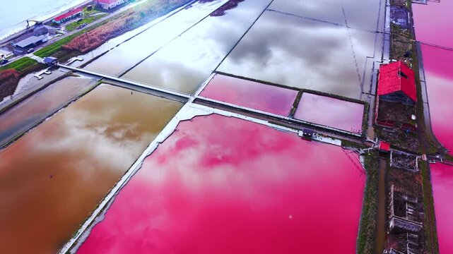 Top down aerial view of rectangular salt pans with different colors including bright pink and muddy brown with old buildings. Geometric pink and brown salt evaporation ponds.
