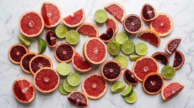 Sliced ruby red grapefruits, deep blood oranges, and bright green limes casually scatter across a pristine white marble kitchen countertop.