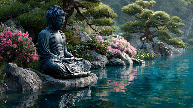 buddha statue in the garden with water behind it. 