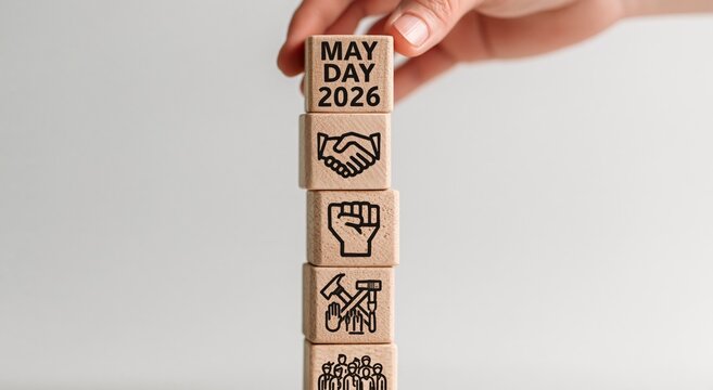 Hand stacks wooden blocks featuring May Day 2026 text and symbols of labor and unity, representing workers rights and international solidarity. High quality photo