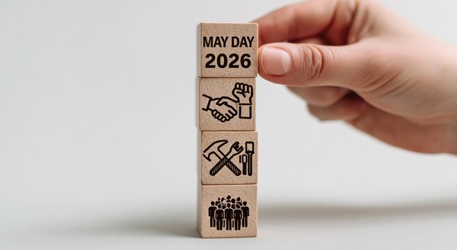 Hand stacks wooden blocks featuring May Day 2026, handshake, tools, and group of people, symbolizing labor and unity. High quality photo