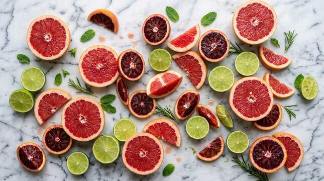 Sliced ruby red grapefruits, deep blood oranges, and bright green limes casually scatter across a pristine white marble kitchen countertop.