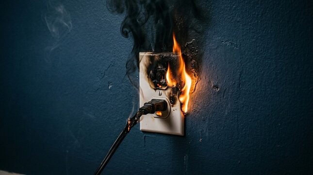 Smoldering electrical outlet catches fire with bright orange flames and thick black smoke emerging against a dark moody blue textured wall.