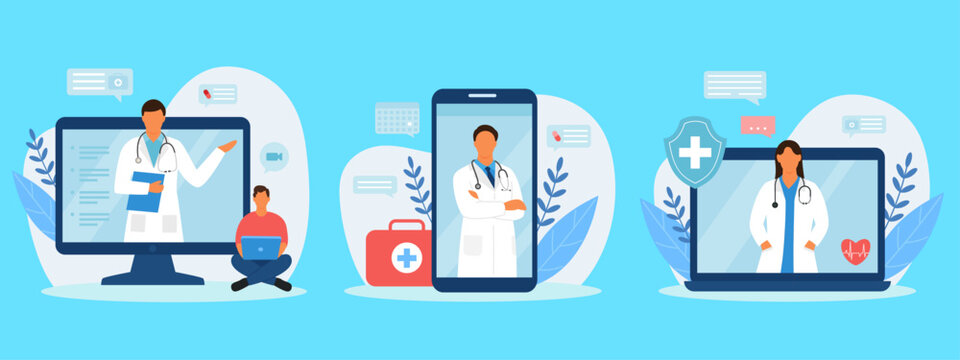 Telemedicine online medical consultation vector set, flat digital healthcare services on laptop and smartphone, virtual doctor appointment illustrations