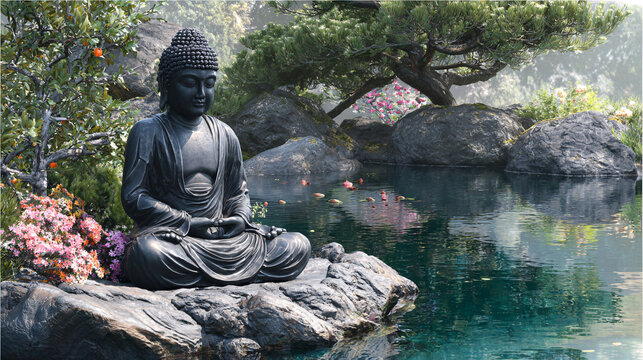 buddha statue in the garden with water behind it. 