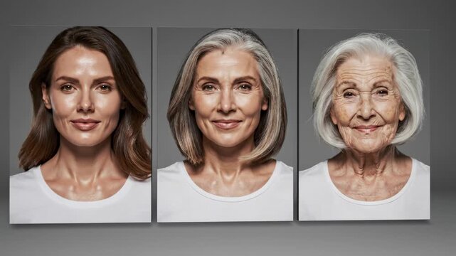This features a split-screen display of three women from different age groups, highlighting their unique facial features and expressions in a serene and natural setting.