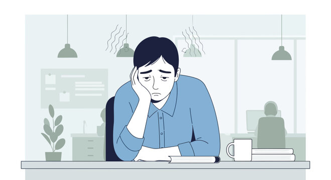 A Weary Office Worker Depicted In Distress And Overwhelmed At His Desk Sadly