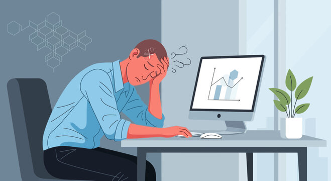 A Weary Professional Overwhelmed By Work Stress And Financial Data Presented On Screen