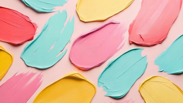 Different shapes of paint in bright colors create a lively display in a studio. Artists are working with vibrant colors to make patterns and designs