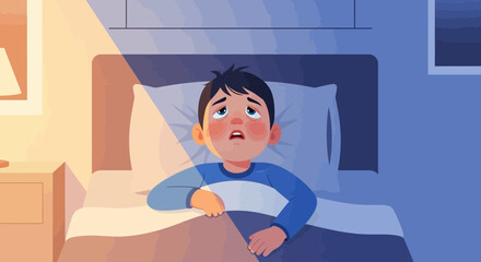 Obraz premium A Young Boy Awake, Staring at the Ceiling While Lying In Bed Unable To Sleep