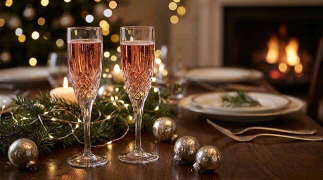 Sparkling crystal flutes of pink champagne rest on a festive dining table amid glittering silver fairy lights and elegant holiday tableware.