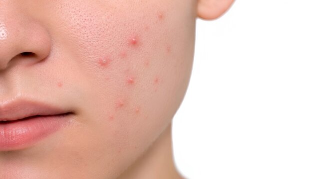 Close up facial skin with acne pimples and redness dermatology skincare concern pores inflammation texture human face detail, isolated on white background.