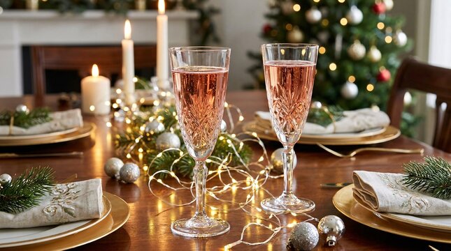 Sparkling crystal flutes of pink champagne rest on a festive dining table amid glittering silver fairy lights and elegant holiday tableware.