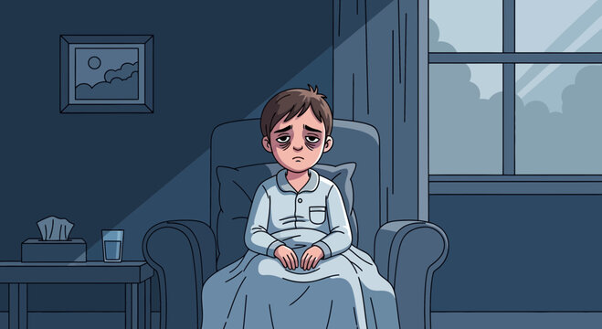 A Weary Child Sits In a Chair Looking Sad And Alone In Their Room Before Dawn
