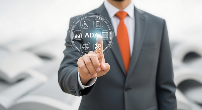 Businessman's finger touching a digital interface displaying ADA icons representing accessibility, law, and business analytics with a blurred background of books.