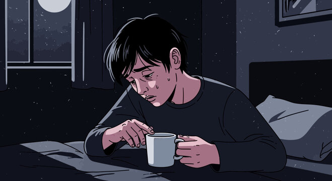 A Weary Individual Contemplating With A Mug In The Dimness Of A Room At Night