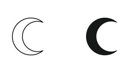 Fototapeta premium Simple crescent moon icon set in black and white line art and solid silhouette style for graphic design