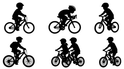 Obraz premium Children cycling activity silhouette vector set kids bike riding sport illustration