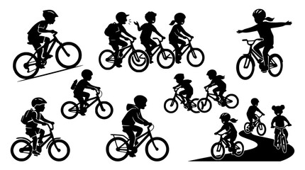 Obraz premium Kids bicycle riding silhouette vector pack outdoor cycling sport children illustration set
