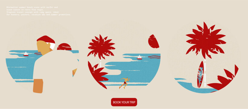 Minimalist summer beach illustration set with surfer, ocean, palm trees and tropical elements in retro flat style. Includes decorative compositions and banner template with call to action, ideal for t