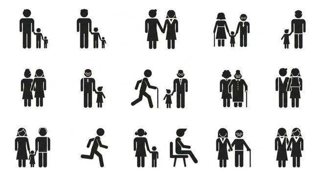 Collection of diverse family and people icons representing different generations and activities.