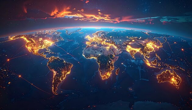 Glowing world map at night from space.