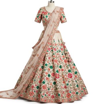 Traditional Indian lehenga choli with floral embroidery, elegant bridal ethnic wear on mannequin, cream silk wedding dress with dupatta