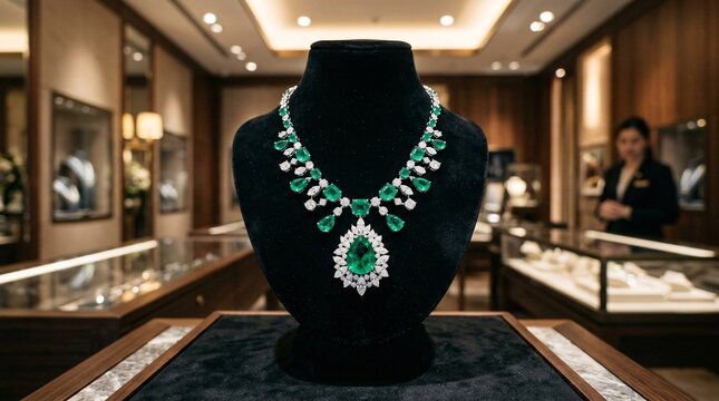 Stunning luxury emerald and diamond gemstone necklace is elegantly displayed on a smooth black velvet stand inside a high-end jewelry boutique.