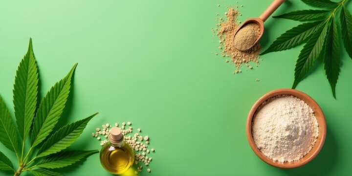 An array of hemp plant components including oil, seeds, and flour displayed on a vibrant green surface