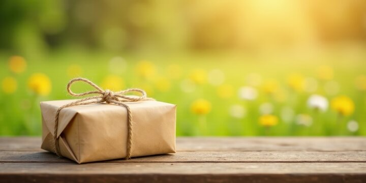 A thoughtfully wrapped gift sits on a rustic wooden surface, bathed in the warm glow of sunlight, against a softly blurred backdrop of a vibrant spring meadow.