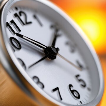 Close-up of a white alarm clock face showing 11 -05 AM with a warm, blurred background.