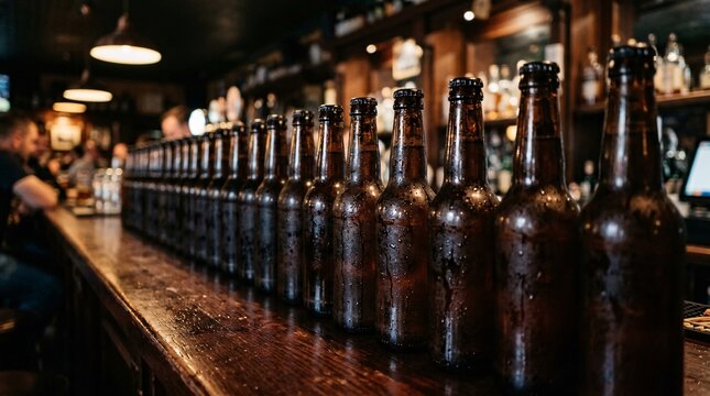 Sweating brown glass craft beer bottles line a dark polished wooden bar counter highlighting condensation drops in dim moody pub lighting.