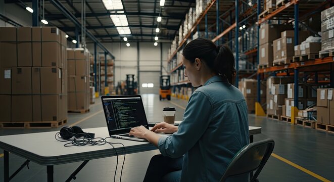 Woman programmer coding on laptop in large industrial warehouse