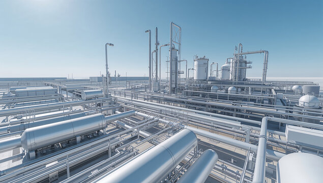 次世代の水素製造設備が青空の下に広がる先進エネルギー施設の全景